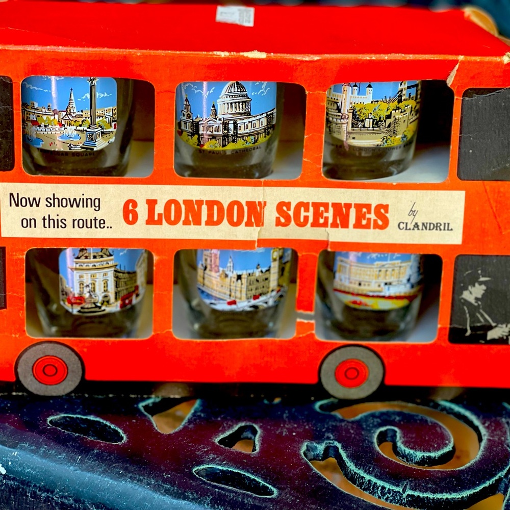 “6 London Scenes” vintage shot glasses in original box.